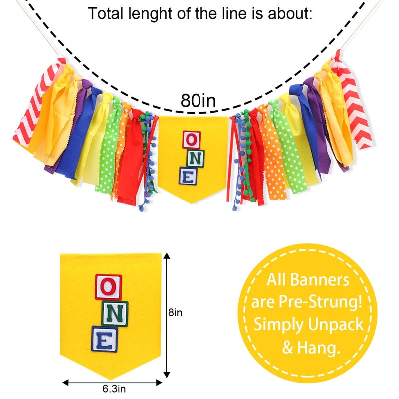 Jissoo Letter Blocks One High Chair Banner - First Birthday Decorations, Nursery Rhyme Highchair Garland With Ribbon Fabric,1st Birthday Photo Props,Cake Smash Party Colorful Banner - Image 2