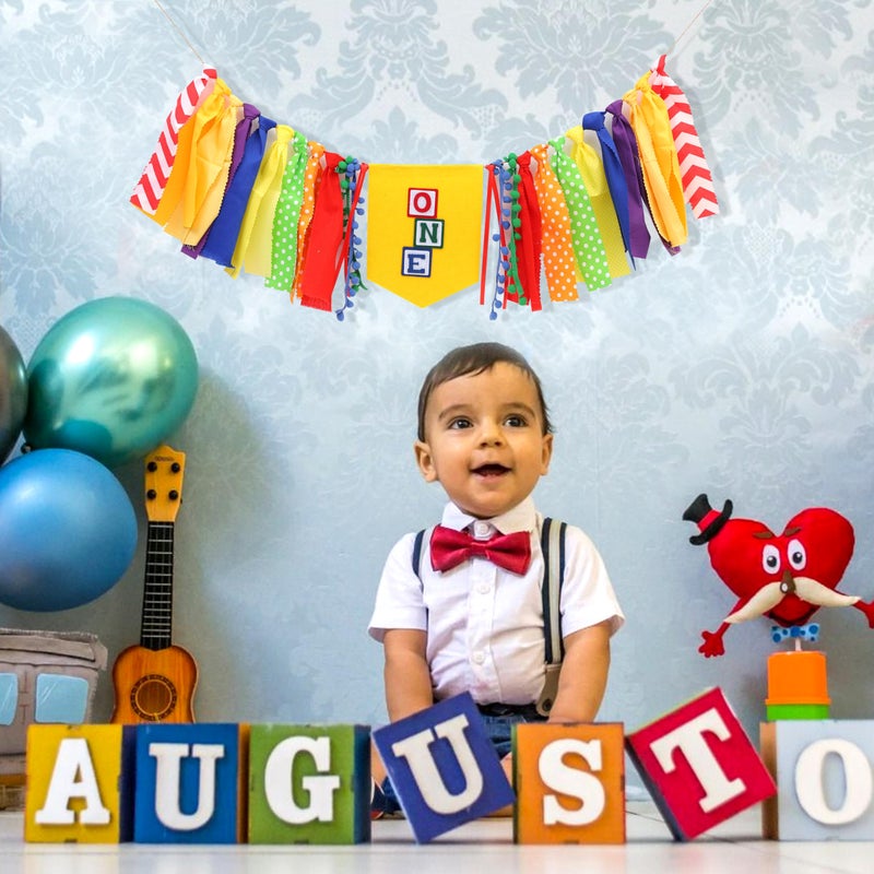 Jissoo Letter Blocks One High Chair Banner - First Birthday Decorations, Nursery Rhyme Highchair Garland With Ribbon Fabric,1st Birthday Photo Props,Cake Smash Party Colorful Banner - Image 4
