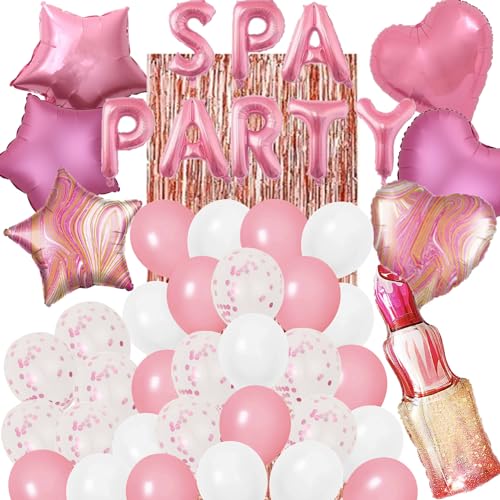 DUFACAI 46 Pieces Spa Party Decorations Balloons Spa Theme Birthday Party Supplies Lipstick Cosmetics Balloons Foil Fringe Curtains for Girls Spa Day Makeup Party Light Pink - Image 1