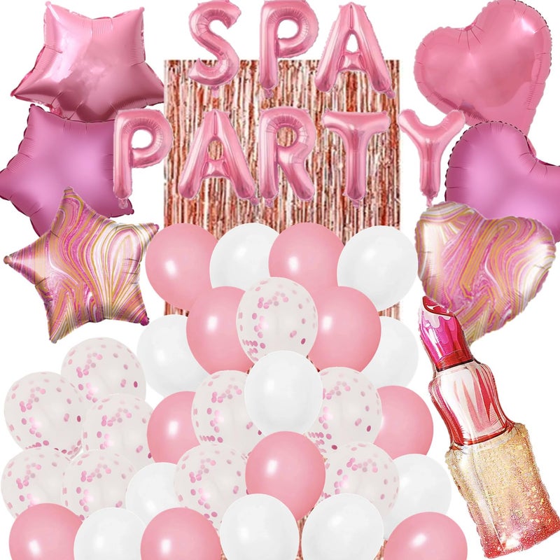 DUFACAI 46 Pieces Spa Party Decorations Balloons Spa Theme Birthday Party Supplies Lipstick Cosmetics Balloons Foil Fringe Curtains for Girls Spa Day Makeup Party Light Pink - Image 2