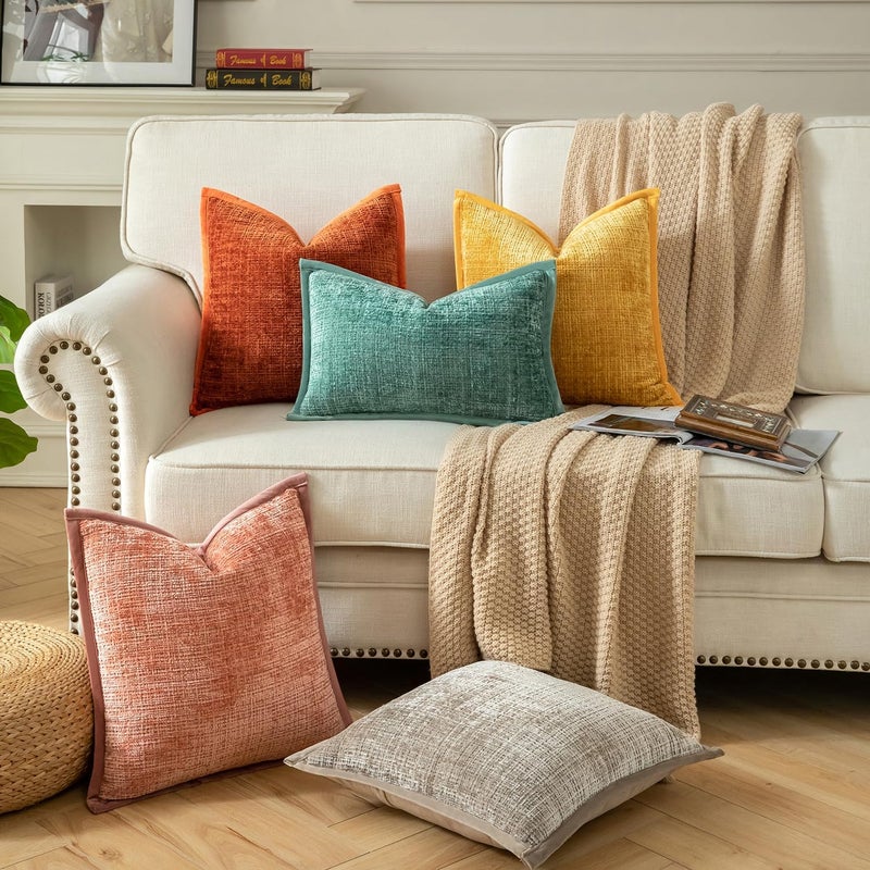 Yaertun Pack of 2 Chenille Textured Decorative Throw Pillow Covers Accent Solid Cushion Cover Soft Cozy Pillow Case with Velvet Back for Couch Sofa Bed Living Room 24x24 Inch Khaki - Image 5