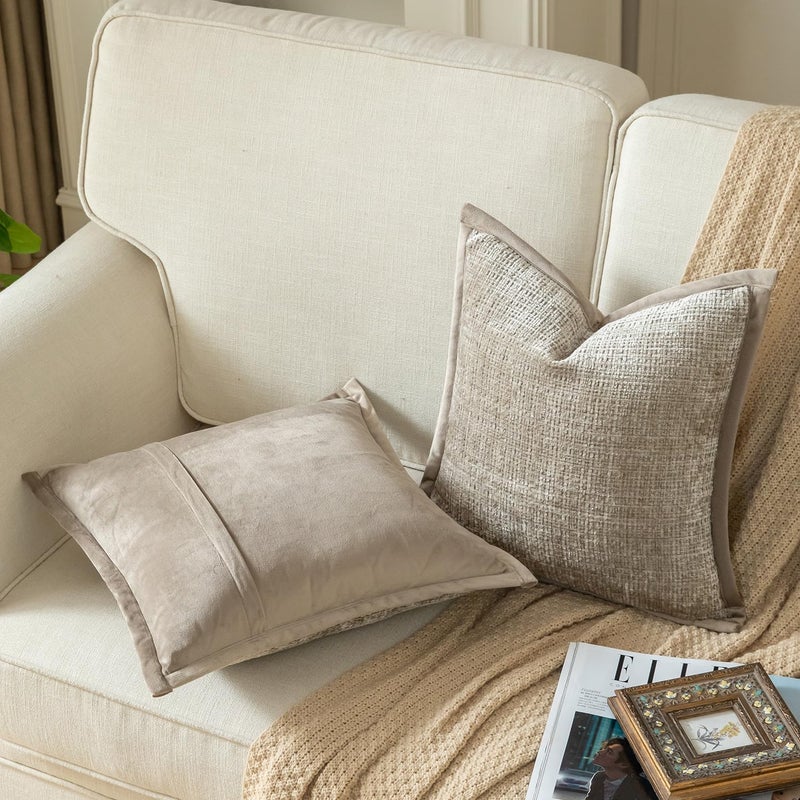 Yaertun Pack of 2 Chenille Textured Decorative Throw Pillow Covers Accent Solid Cushion Cover Soft Cozy Pillow Case with Velvet Back for Couch Sofa Bed Living Room 24x24 Inch Khaki - Image 2