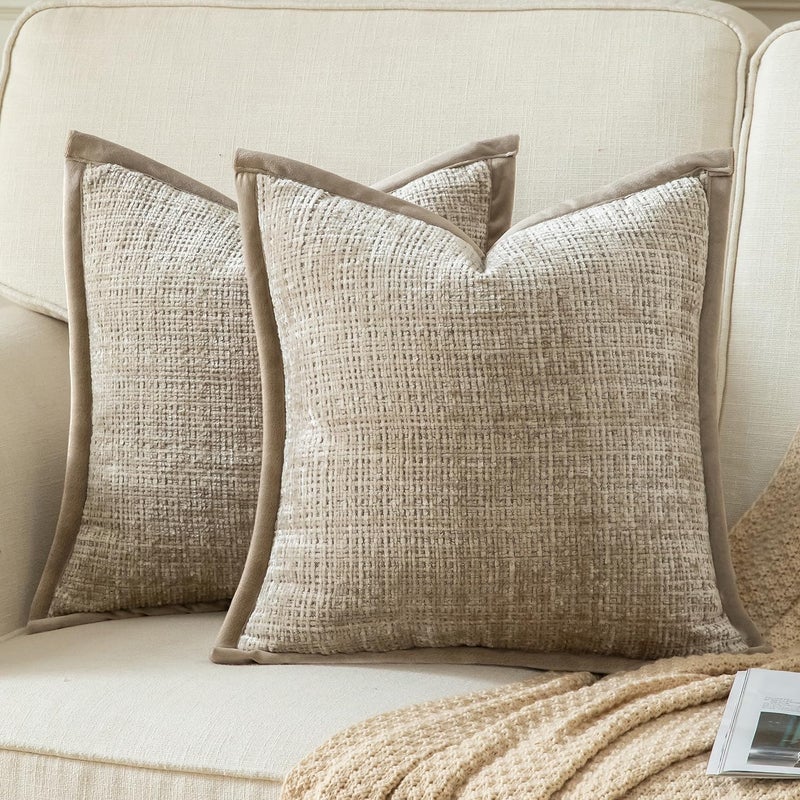 Yaertun Pack of 2 Chenille Textured Decorative Throw Pillow Covers Accent Solid Cushion Cover Soft Cozy Pillow Case with Velvet Back for Couch Sofa Bed Living Room 24x24 Inch Khaki - Image 1