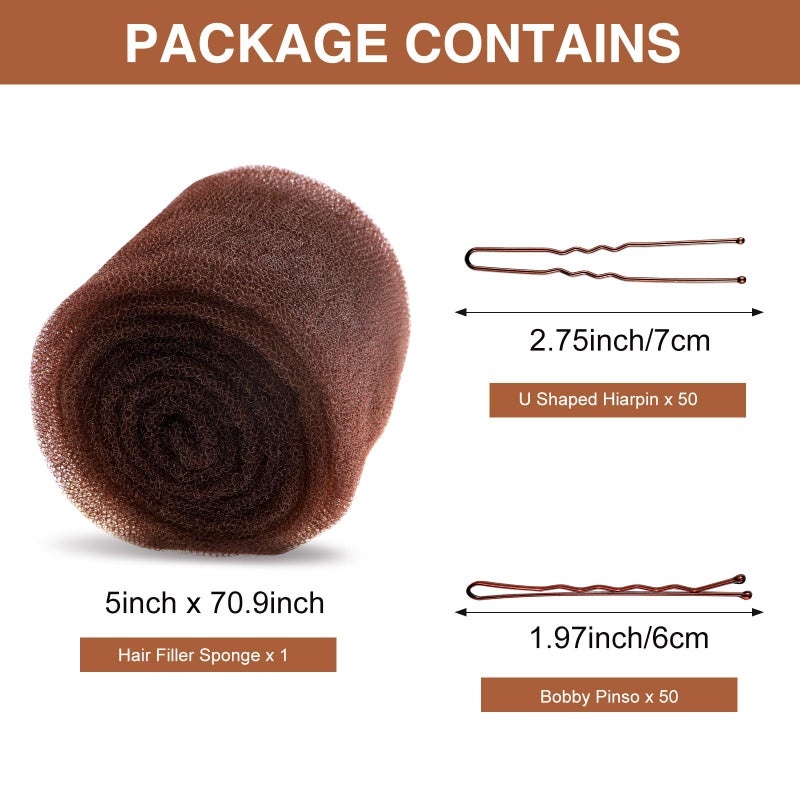 FEUNLEM Hair Sponge for Updo & Volume Bumps Tool, Hair Filler for Thin Hair, Padding for Updo with 100 Bobby Pins, 70 Inch, Salon Must-Have, Dark Brown - Image 5