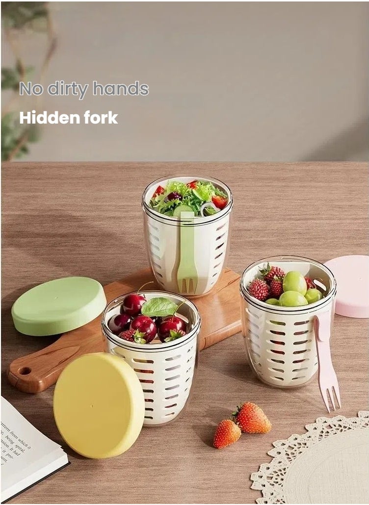Generic Fruit Salad Container, Salad Spinner, Portable Leak Proof Fruit Cup with Fork and Colander, Fruit Storage Containers for Fridge Keep Fresh, Fruits Drainage Cups for Kitchen, Office, Party, Camping  - Image 3