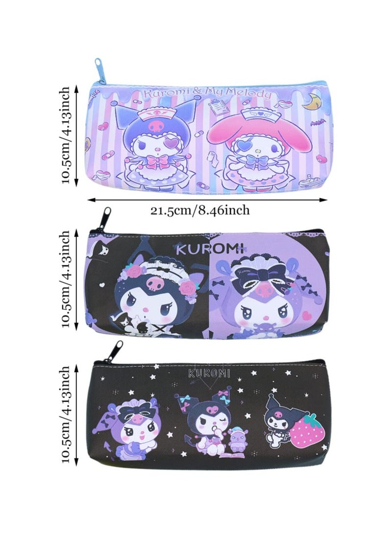 SYOSI 3 Pcs Black Kuromi Pencil Case for Girls, Cute Kuromi Pencil Bag Stationary School Supplies Anime Figures Pencil Case with Smooth Zip PU Storage Pouch Make Up Cosmetic Bag Cute Pencil Case - Image 3