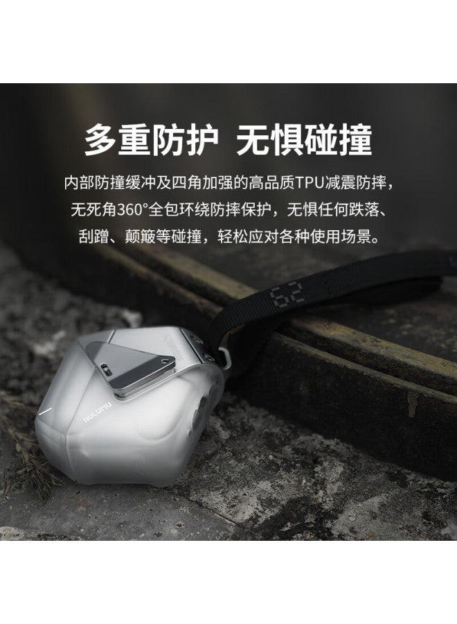 Aulumu A29 Geometric Earphone Protective Case, Compatible With Apple Airpods 4, Premium Full-coverage Shock-absorbing Anti-drop Armor Tech Cool Style, Semi-transparent Gray