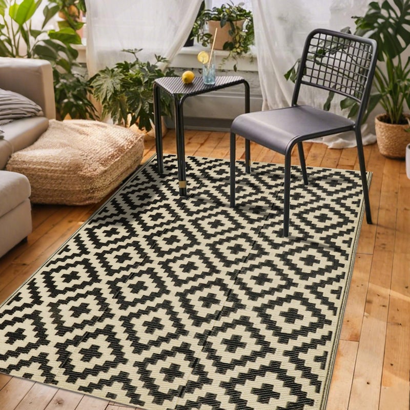 SAND MINE Reversible Mats, Plastic Straw Rug, Modern Area Rug, Large Floor Mat and Rug for Outdoors, RV, Patio, Backyard, Deck, Picnic, Beach, Trailer, Camping (3' x 5', Black & Beige Lattice) - Image 1
