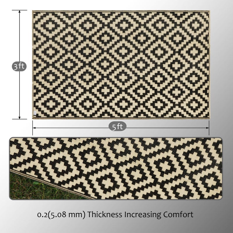 SAND MINE Reversible Mats, Plastic Straw Rug, Modern Area Rug, Large Floor Mat and Rug for Outdoors, RV, Patio, Backyard, Deck, Picnic, Beach, Trailer, Camping (3' x 5', Black & Beige Lattice) - Image 2
