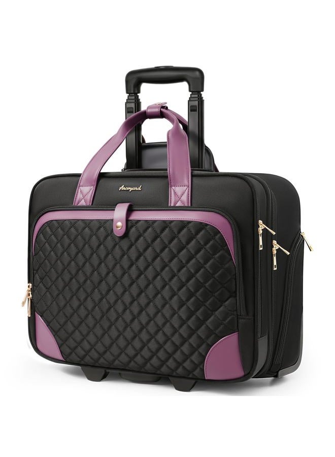 Arcoyard Rolling Laptop Bag, Rolling Briefcase for Women with Waterproof Pocket, 16 Inch Computer Bag, Underseat Carry On Luggage with Wheels for Work Travel Business, Lightweight Black Purple - Image 1