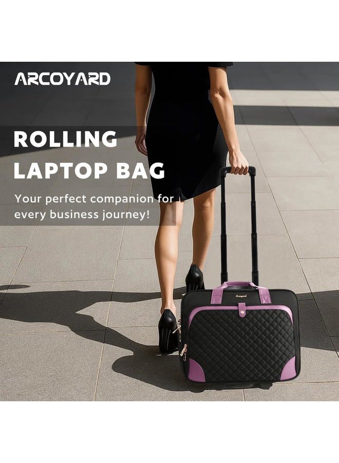 Arcoyard Rolling Laptop Bag, Rolling Briefcase for Women with Waterproof Pocket, 16 Inch Computer Bag, Underseat Carry On Luggage with Wheels for Work Travel Business, Lightweight Black Purple - Image 2