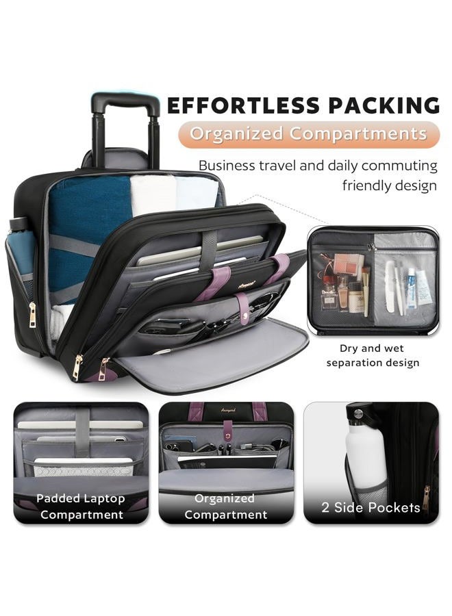 Arcoyard Rolling Laptop Bag, Rolling Briefcase for Women with Waterproof Pocket, 16 Inch Computer Bag, Underseat Carry On Luggage with Wheels for Work Travel Business, Lightweight Black Purple - Image 3