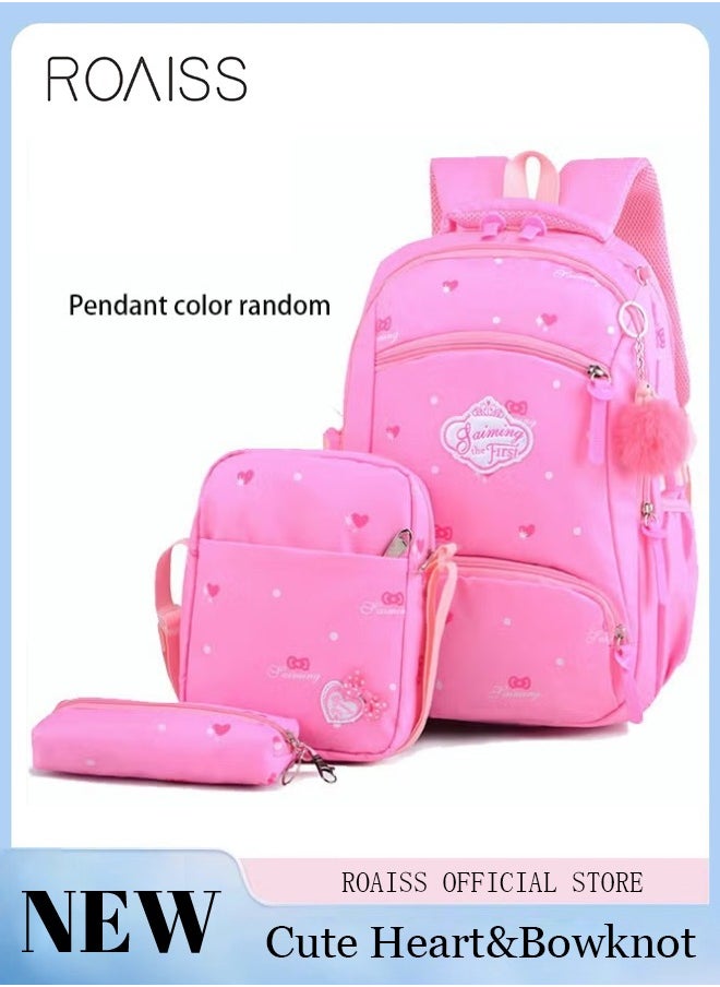 roaiss 3pcs Heart and Bowknot Printed Graphic Cute Functional Backpack Set Schoolbag and Shoulder Bag and Pencil Case with Doll Pendant for Kids/Girls Pink  - Image 1