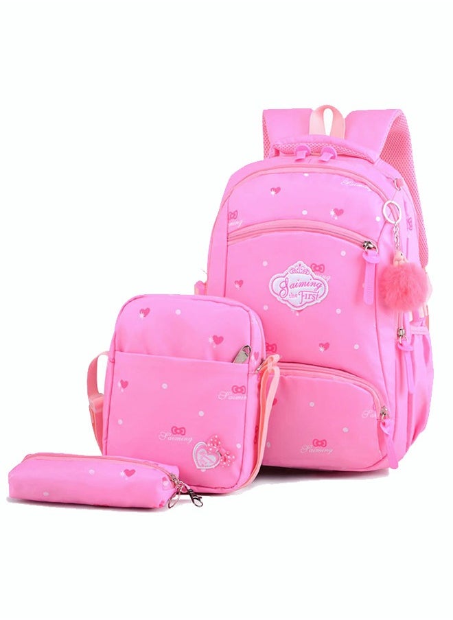 roaiss 3pcs Heart and Bowknot Printed Graphic Cute Functional Backpack Set Schoolbag and Shoulder Bag and Pencil Case with Doll Pendant for Kids/Girls Pink  - Image 3