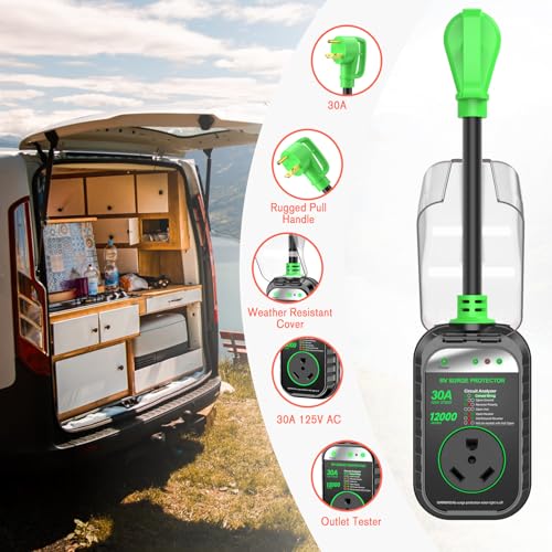 GEARGO RV Surge Protectors 30 Amp, 12000 Joules RV Circuit Analyzer, IP68 Surge Voltage Protection, RV Adapter Plug for Camper (Green) - Image 5
