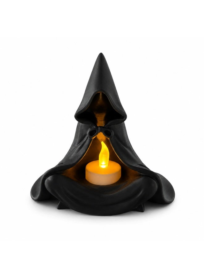 NAYATOPIA Hooded Ghost Tea Light Lamp with LED Candle, Black Decorative Candle Holder for Bedroom and Living Room - Image 1