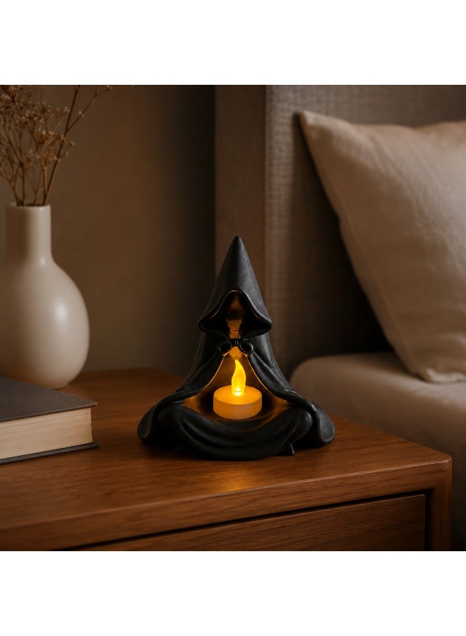 NAYATOPIA Hooded Ghost Tea Light Lamp with LED Candle, Black Decorative Candle Holder for Bedroom and Living Room - Image 2