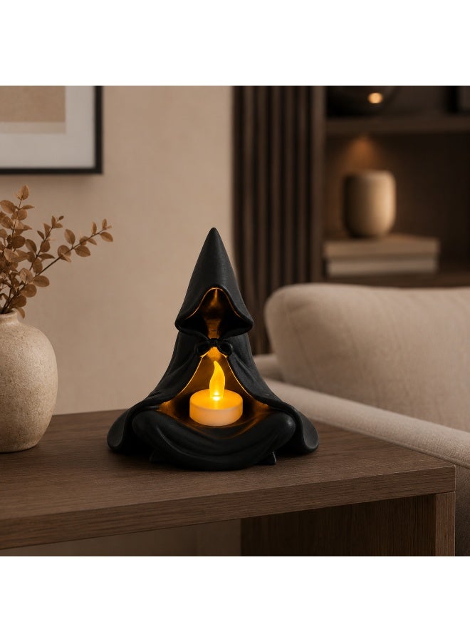 NAYATOPIA Hooded Ghost Tea Light Lamp with LED Candle, Black Decorative Candle Holder for Bedroom and Living Room - Image 5