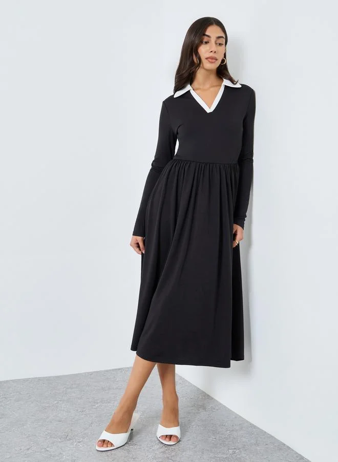 Styli Styli Black Midi Dress with Open Collar