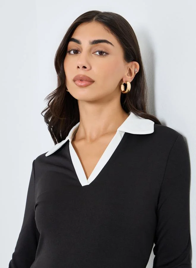 Styli Styli Black Midi Dress with Open Collar
