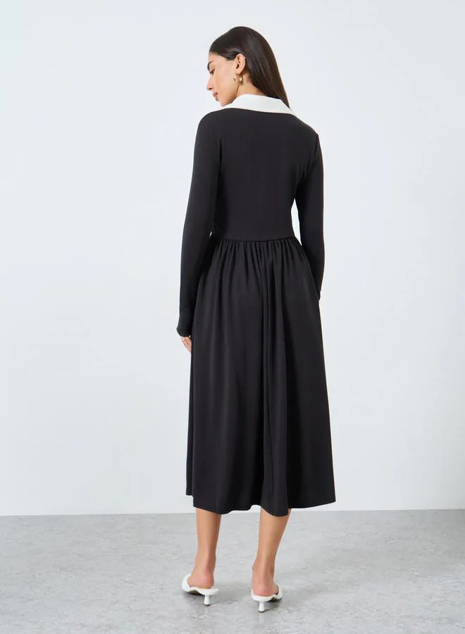Styli Styli Black Midi Dress with Open Collar