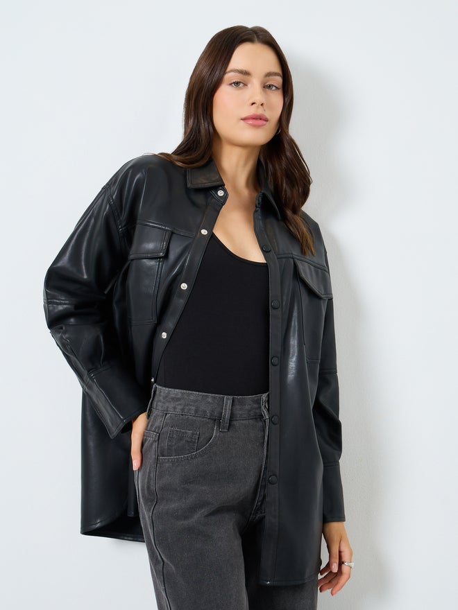 Styli Longline Black Faux Leather Biker Jacket - Image 1