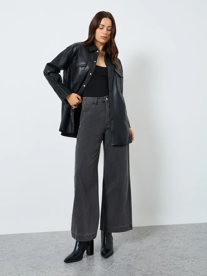 Styli Styli Longline Black Faux Leather Biker Jacket