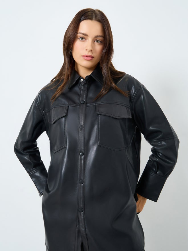 Styli Longline Black Faux Leather Biker Jacket - Image 4