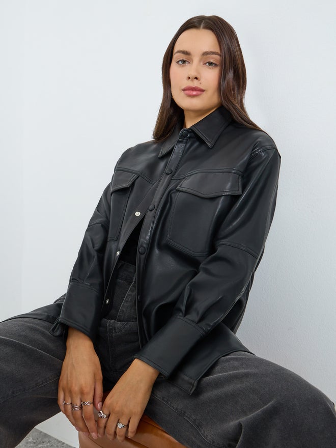 Styli Longline Black Faux Leather Biker Jacket - Image 3