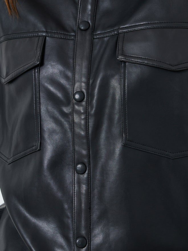 Styli Longline Black Faux Leather Biker Jacket - Image 5