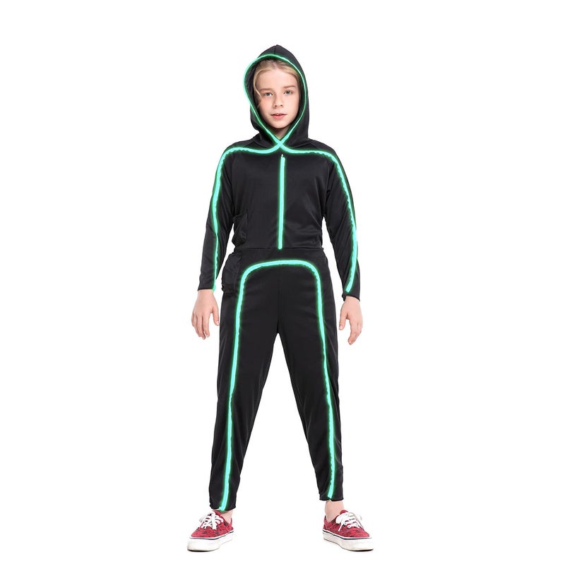 HSCTEK Light Up Stick Figure Costume Kids Led Stick Man Costumes Child Boys Girls Halloween Glow in Dark Stickman Cosplay YouthFluorescent Green 1012 - Image 2