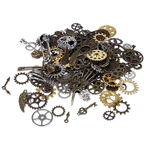 BIHRTC 200 Gram Antique Steampunk Gear DIY Assorted Mixed Color Metal Cog Wheel Skull Brass Key Pendant Charms for Craft Jewelry Making Accessory - Image 1