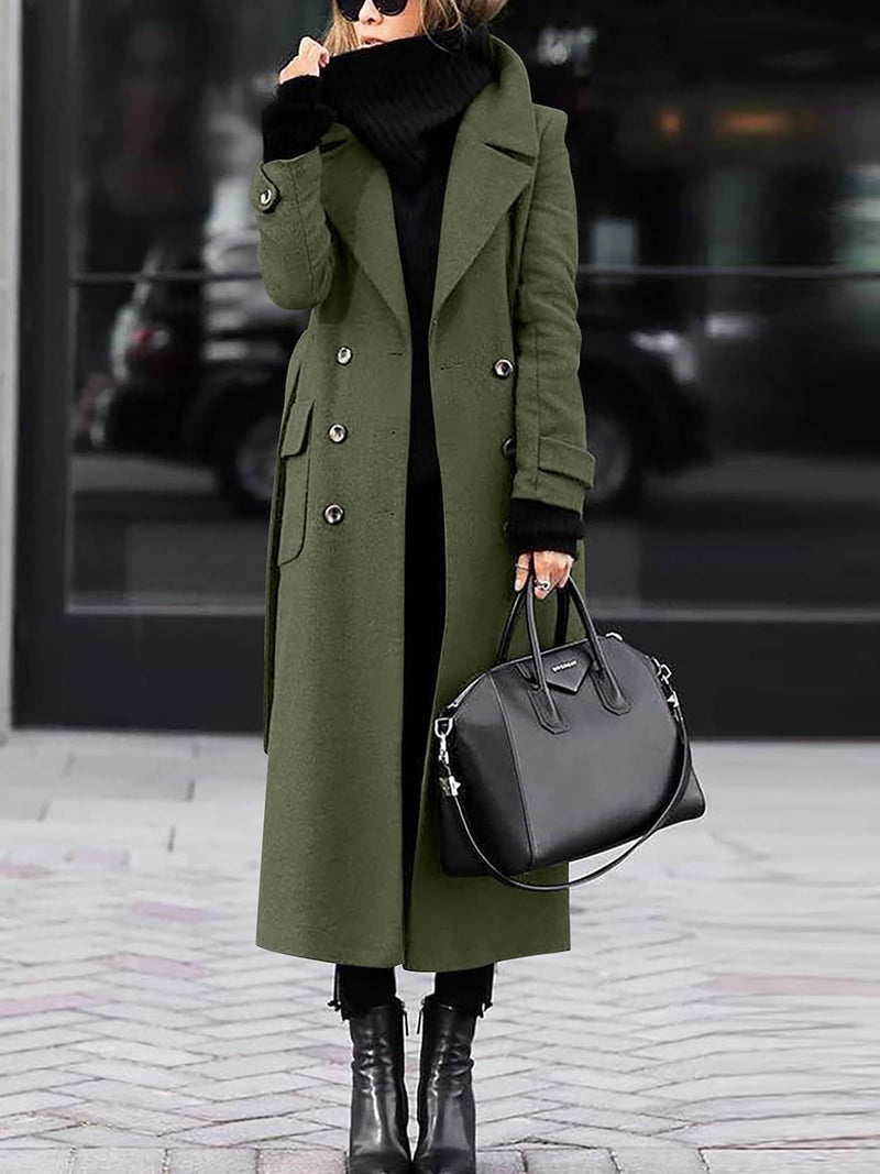 ebossy Women s Winter Double Breasted Wool Coat Elegant Notched Lapel Belted Mid Long Pea Trench Coat (S, Army Green) - Image 2