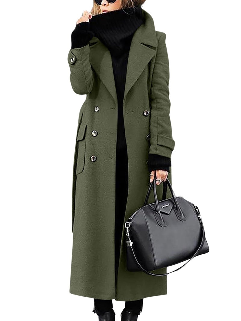 ebossy Women s Winter Double Breasted Wool Coat Elegant Notched Lapel Belted Mid Long Pea Trench Coat (S, Army Green) - Image 1