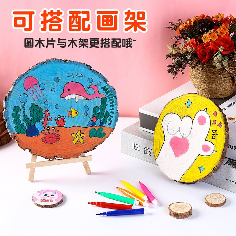 Diy Hand-Painted Round Wood Piece Kindergarten Handmade Material Children'S Wood Piece Painting Wooden Pile Annual Rings Coaster Decoration Material Painting - Image 5