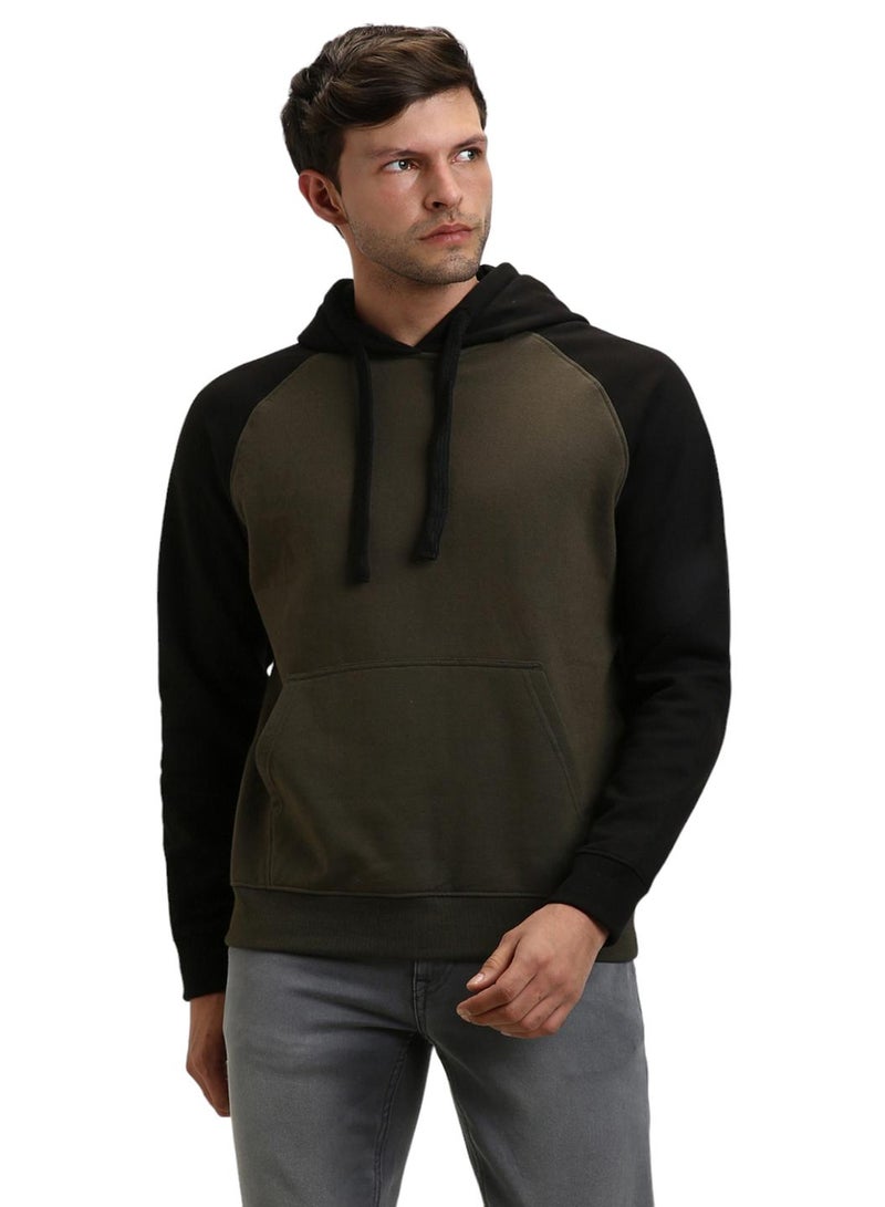 Dennis Lingo Regular Fit Olive Colourblocked Hooded Sweatshirt for Men - Polycotton, Full Sleeves  - Image 2