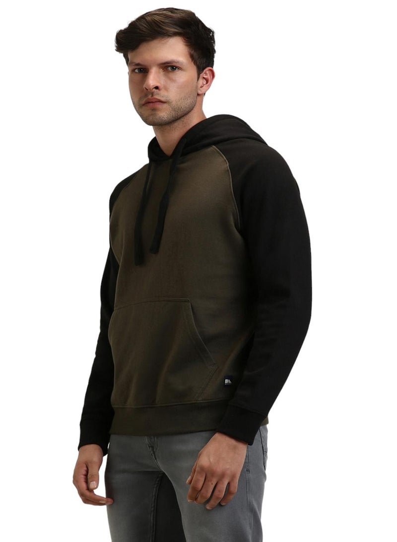 Dennis Lingo Regular Fit Olive Colourblocked Hooded Sweatshirt for Men - Polycotton, Full Sleeves  - Image 3