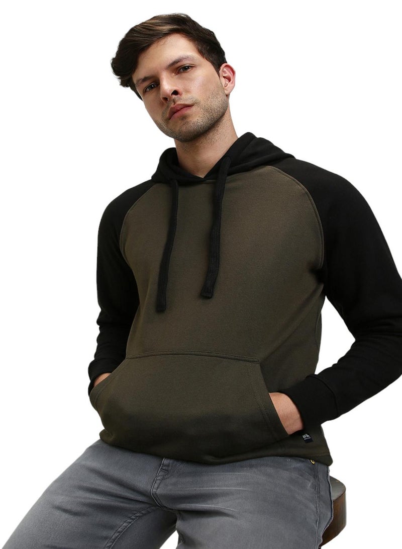 Dennis Lingo Regular Fit Olive Colourblocked Hooded Sweatshirt for Men - Polycotton, Full Sleeves  - Image 5