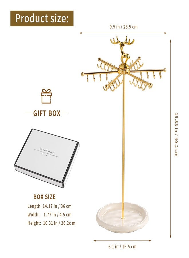 Leijosya Necklace Holder Jewelry Stand, Rotating Necklace Holder Organizer with 48 Hooks for Necklace Earring Keychains Bracelet Display Stand, Metal Necklace Tree Stand -Women Gifts (Gold) - Image 2