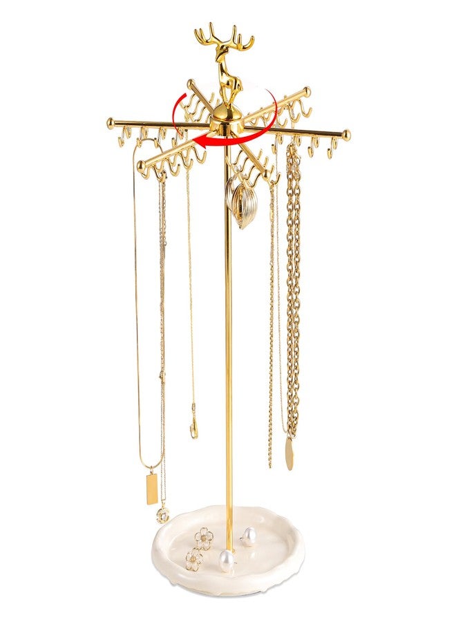 Leijosya Necklace Holder Jewelry Stand, Rotating Necklace Holder Organizer with 48 Hooks for Necklace Earring Keychains Bracelet Display Stand, Metal Necklace Tree Stand -Women Gifts (Gold) - Image 1