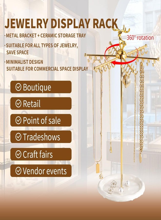 Leijosya Necklace Holder Jewelry Stand, Rotating Necklace Holder Organizer with 48 Hooks for Necklace Earring Keychains Bracelet Display Stand, Metal Necklace Tree Stand -Women Gifts (Gold) - Image 4