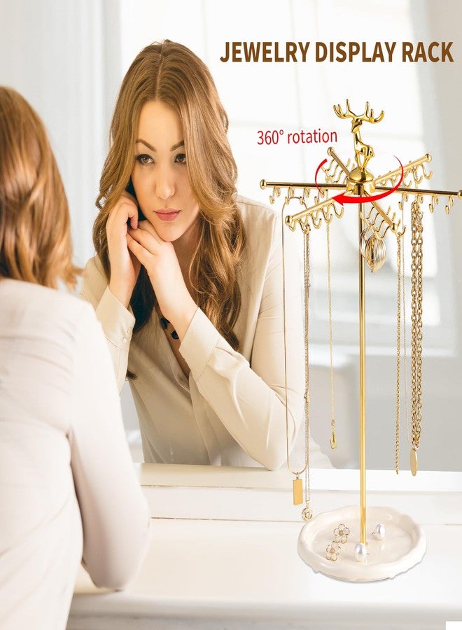 Leijosya Necklace Holder Jewelry Stand, Rotating Necklace Holder Organizer with 48 Hooks for Necklace Earring Keychains Bracelet Display Stand, Metal Necklace Tree Stand -Women Gifts (Gold) - Image 3