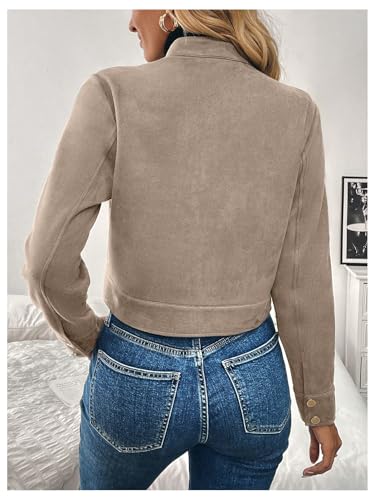 Verdusa Womens Zip Up Crop Spring Jackets Faux Suede Long Sleeve Motorcycle Cargo Jacket with Pockets Apricot Medium - Image 3