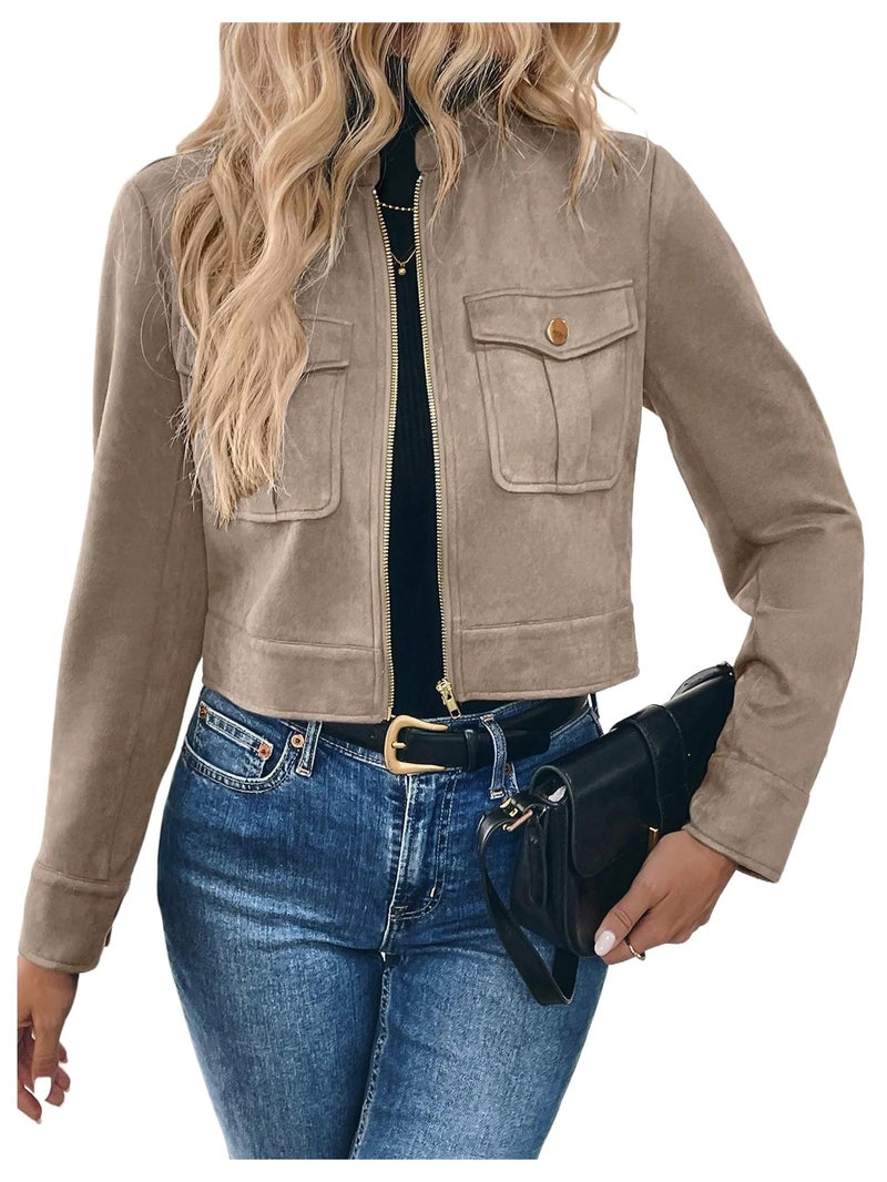 Verdusa Womens Zip Up Crop Spring Jackets Faux Suede Long Sleeve Motorcycle Cargo Jacket with Pockets Apricot Medium - Image 2