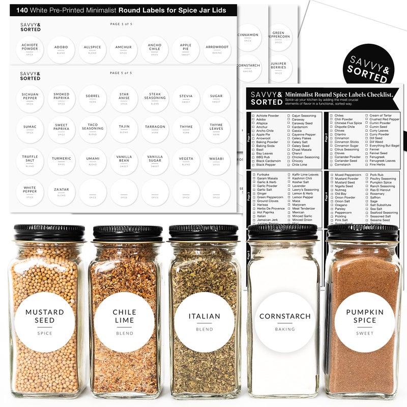 SAVVY & SORTED Minimalist Round Spice Labels for Lids - 140 Spice Jar Labels for Spice Containers - Waterproof Kitchen Labels for Spice Jars - Spice Organization Labels Herb Seasoning Pantry Labels - Image 1