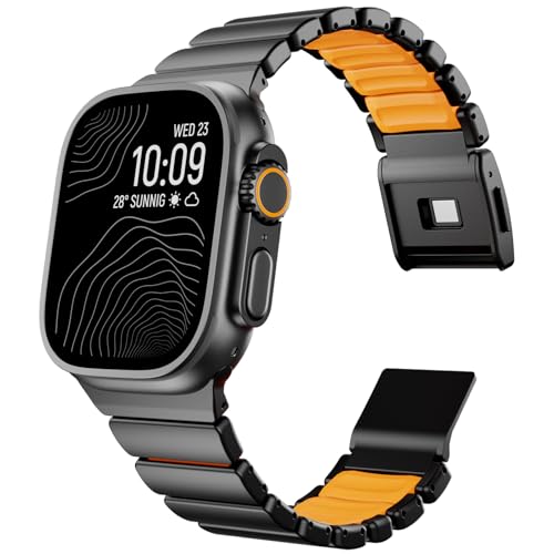 KADES Grade 2 Titanium Silicone Link Bands for Apple Watch Ultra 321 49mm 46mm 45mm 44mm Magnetic Clasp Sport Metal Bracelet for iWatch Series 11 10 9 8 7 6 5 4 SE for Men Women BlackUltra Orange - Image 1