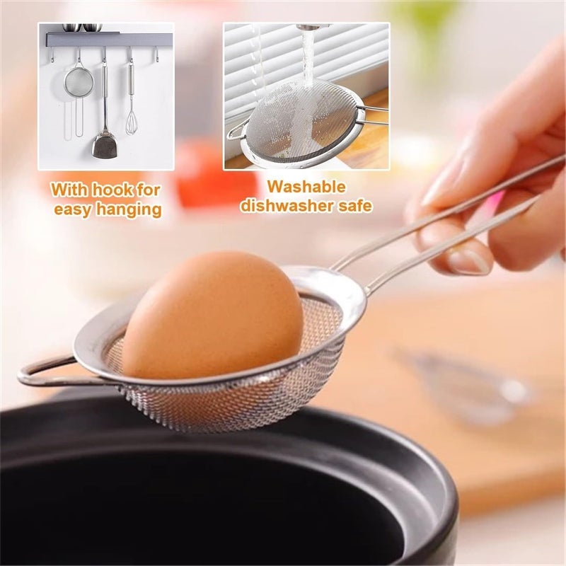 Fine Mesh Strainer Set, 3-Piece Stainless Steel Kitchen Sieves with Long Handles and Hanging Hooks for Tea, Juice, Flour, Baking and Food Straining, Silver - Image 1