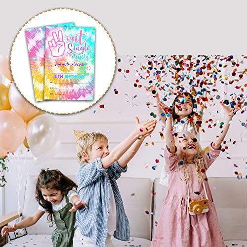 Foosproea Out Single Digits Birthday Invitations with Envelopes - Hippy Tie Dye 10th Birthday Party Invitation Card for Girls / Boys - I'm 10 Years Fill-in Invites Cards - Kids Party Celebration (20 Pack)-15 - Image 4