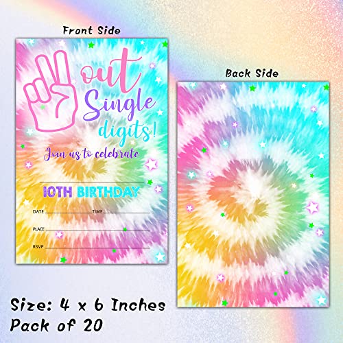 Foosproea Out Single Digits Birthday Invitations with Envelopes - Hippy Tie Dye 10th Birthday Party Invitation Card for Girls / Boys - I'm 10 Years Fill-in Invites Cards - Kids Party Celebration (20 Pack)-15 - Image 2