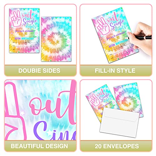 Foosproea Out Single Digits Birthday Invitations with Envelopes - Hippy Tie Dye 10th Birthday Party Invitation Card for Girls / Boys - I'm 10 Years Fill-in Invites Cards - Kids Party Celebration (20 Pack)-15 - Image 3